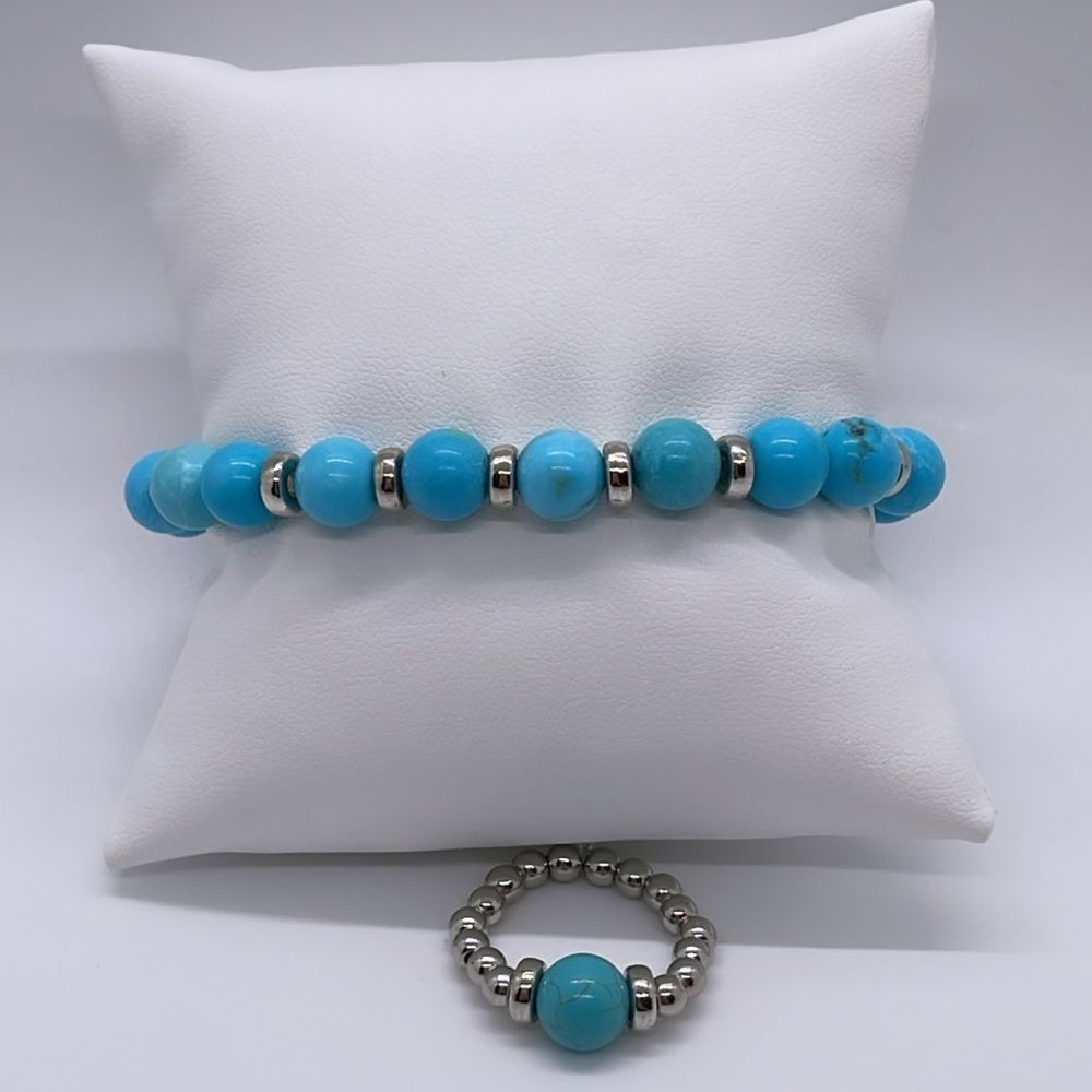 NWT Wool + Pepper Co. Turquoise + Silver Beaded Bracelet + Ring Set
